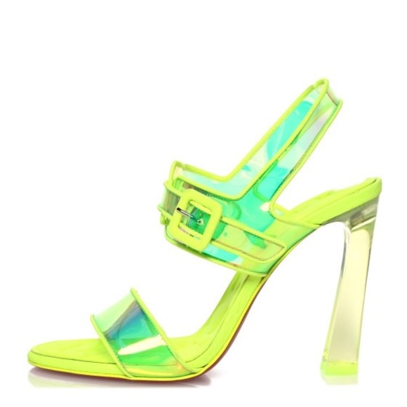 LOUBOUTIN Iridescent PVC Loubi Duniss 100 Slingback Sandals Size 39 Neon Yellow - Picture 1 of 13